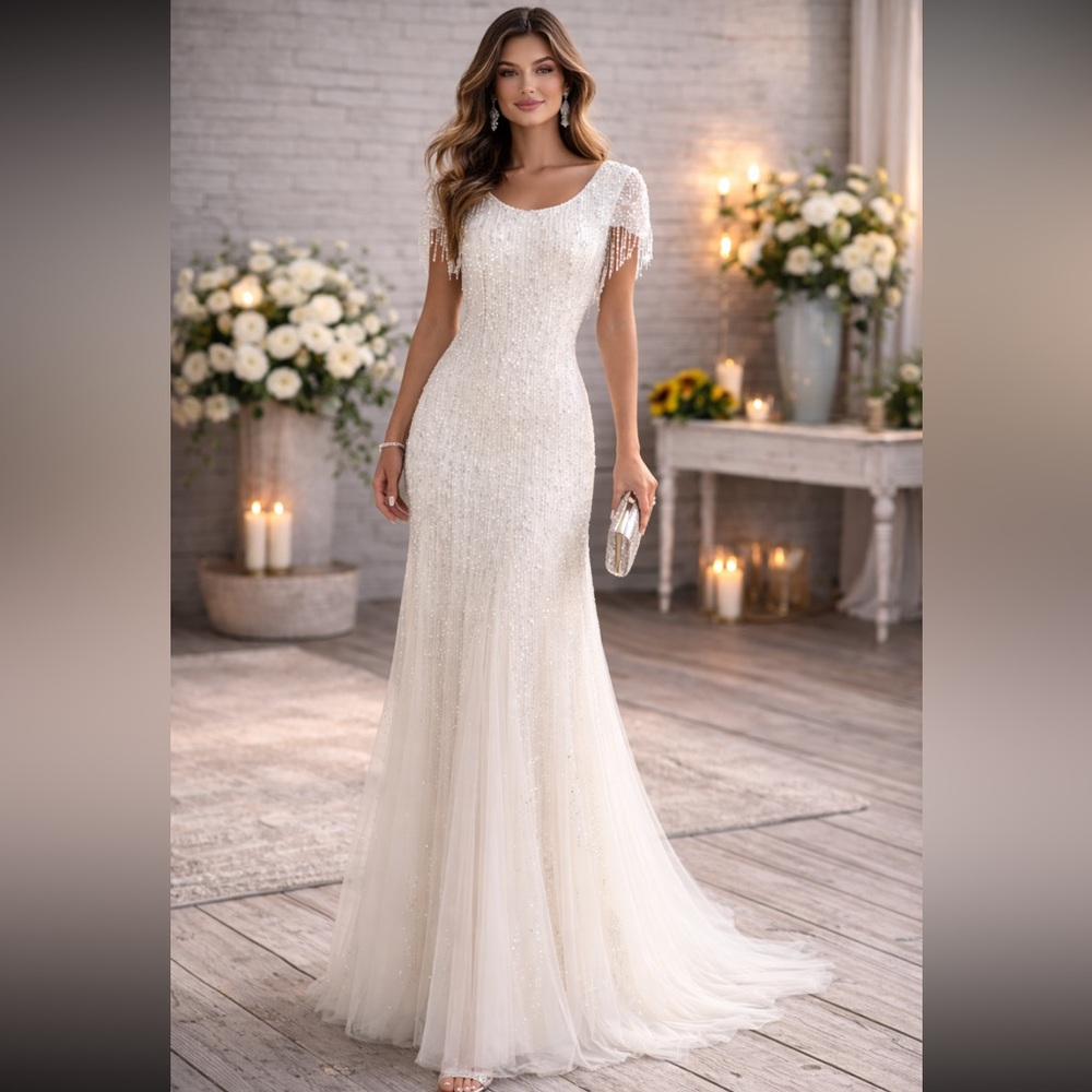 Adrianna eCap sleeve beaded fringe long dress